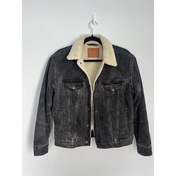 Levis Premium Sherpa Denim Jacket Women S Black Fleece Lined Trucker - Picture 1 of 12